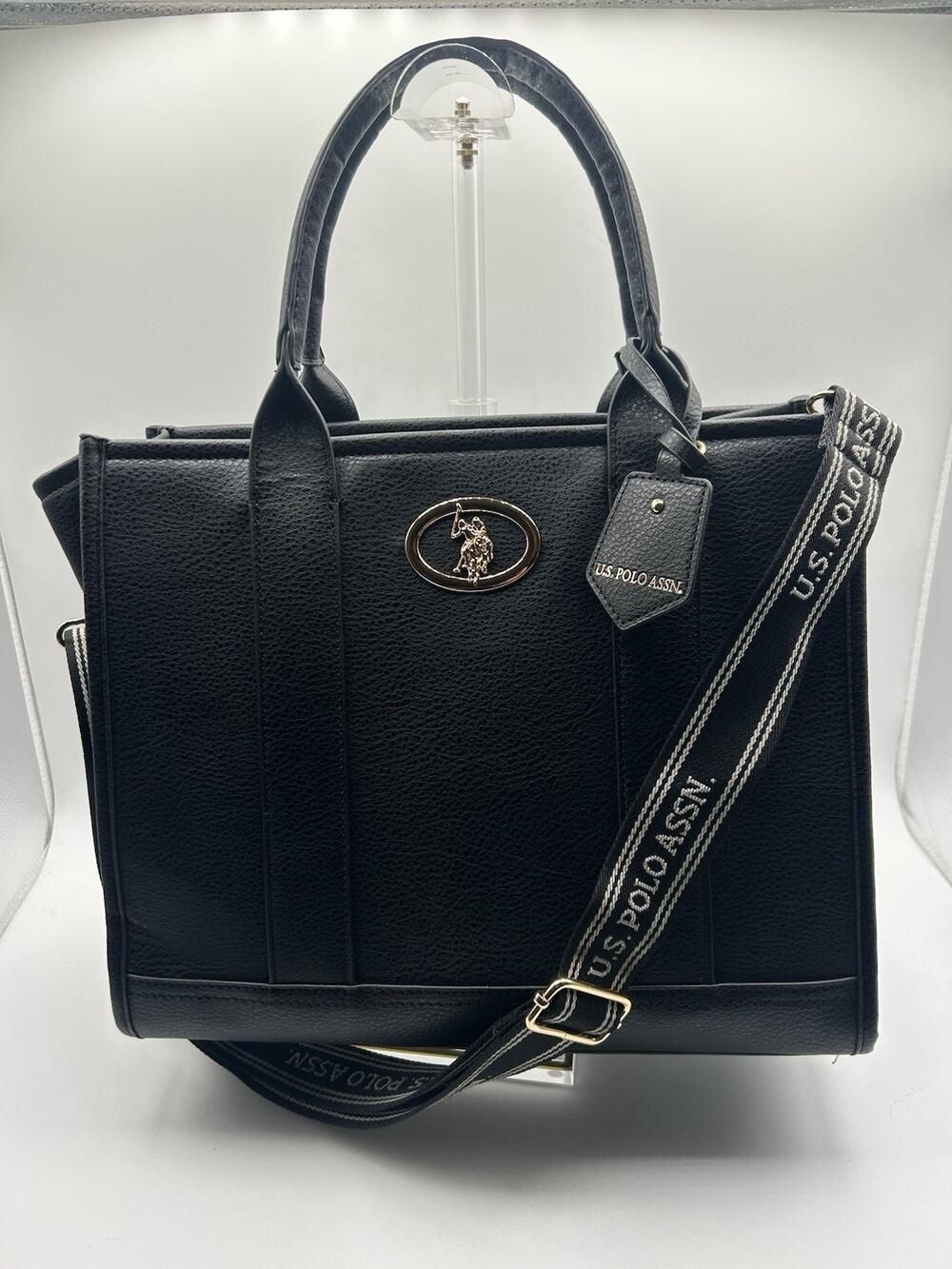 U.S. Polo Assn. Heritage Black Tote Bag Gold Hardware Logo Zip Excellent